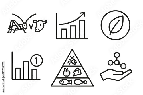 Protein Source Icons. Line style icons of protein comparison: cricket vs beef icon, bar chart protein value, sustainability leaf,