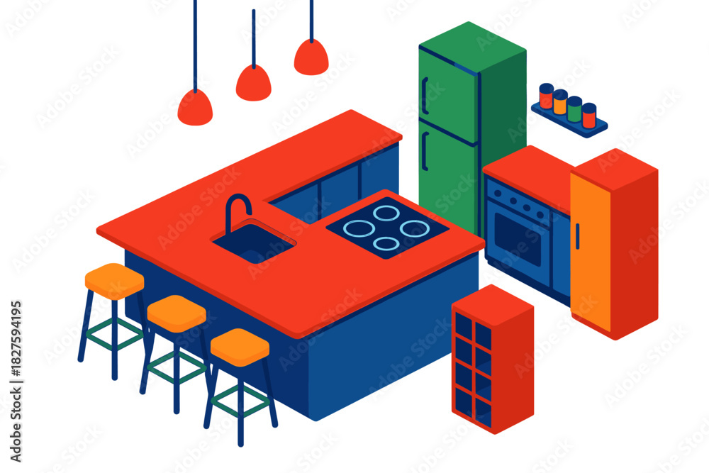 Obraz premium Vibrant Kitchen Isometric. Isometric vector illustration set Interior layout – open-plan kitchen island, bar stools, pendant