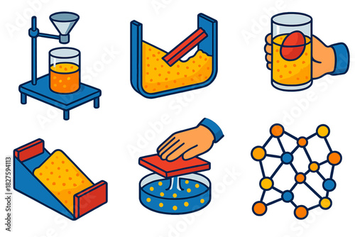 Granular Physics Experiments. Isometric vector illustration set Physics of granular materials: granular material experiments,