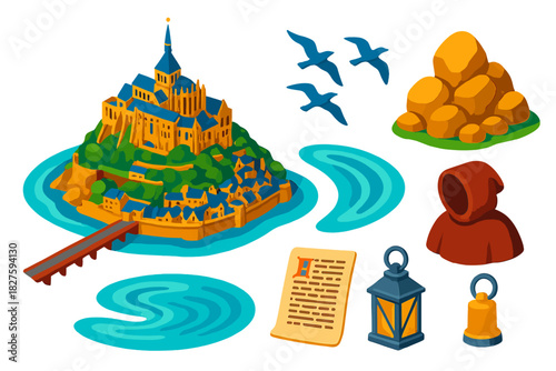 Mont Saint-Michel Icons. Isometric vector illustration set Historical monuments – Mont Saint-Michel abbey, causeway bridge, tidal