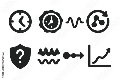 Uncertain Biological Time Icons. Solid style icons of uncertainty in biological time: clock with fuzzy hands, time drift in cell,
