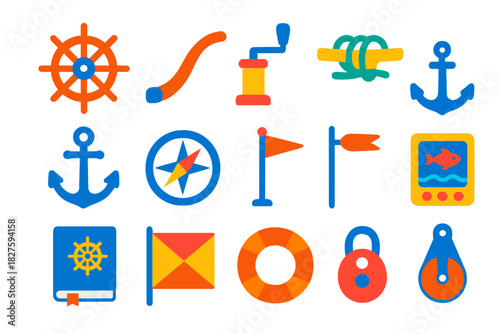 Sailing Equipment Icons. Flat vector icons of sailing equipment: rudder wheel, tiller handle, winch crank, rope cleat, anchor,