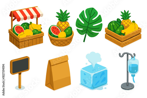 Tropical Fruit Display. Isometric vector illustration set Tropical fruits – fruit stand display, woven basket, tropical leaf
