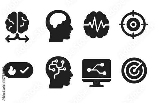 Decision-Making Icons. Solid style icons of decision-making and the brain: brain with forked path, prefrontal cortex focus icon,