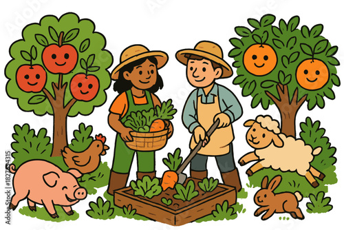 Harmonious Permaculture Farm. Permaculture farm with smiling fruit trees, playful animals, and gardeners working together in