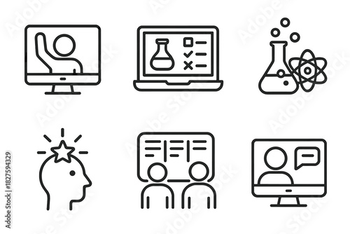 Virtual Lab Icons. Line style icons of student engagement in virtual labs: avatar raising hand, quiz after experiment, animated