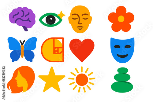 Brain and Beauty Icons. Flat vector icons of Brain and Beauty: brain silhouette, eye with sparkle, symmetrical face, flower,