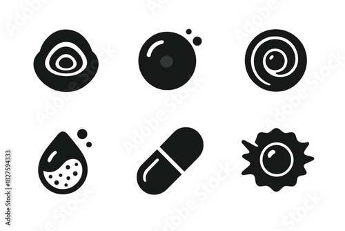 Innovative Pearl Icons. Solid style icons of pearl innovation: layered flavor core pearl, glowing translucent bubble, spiral pearl