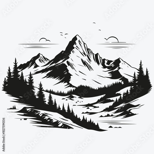 Minimalist mountain landscape sketch illustration vector