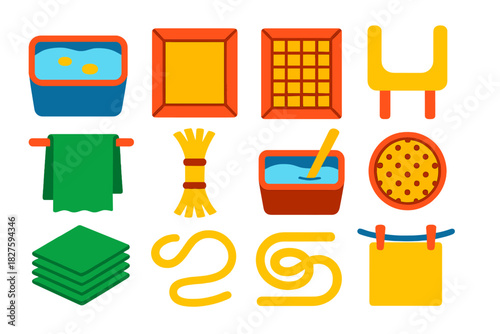 Papermaking Tools Icons. Flat vector icons of papermaking tools and process: pulp vat, wooden frame, paper mold, pressing board,