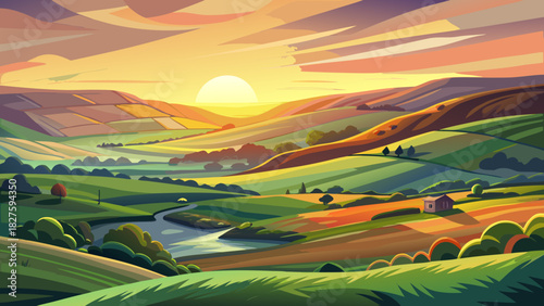 Very beautiful sunset scene over a serene landscape in Yorkshire Dales National Park, featuring rolling green hills, soft golden sunlight, gentle shadows, and a calm atmospheric glow. A semi-realistic