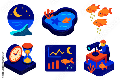 Marine Chronobiology Icons. Isometric vector illustration set Chronobiology of marine organisms: moonlit ocean scenes, tidal pools