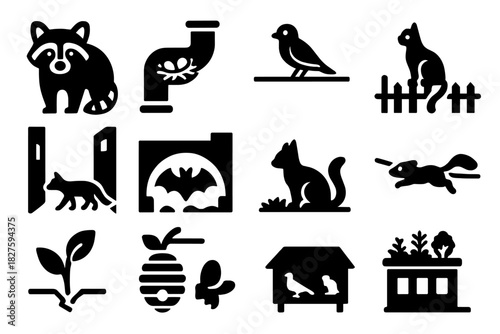 Urban Wildlife Icons. Solid style icons of Urban Adaptations: Raccoon, Nest in Pipe, Bird on Wire, Fox in Alley, Bat in Bridge,