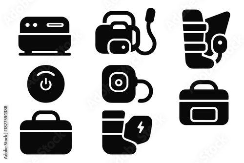 Portable Pneumatic Icons. Solid style icons of portable pneumatic systems: compact device icon, travel pump glyph, mobile therapy
