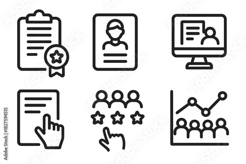 Crowdsourced Scriptwriting Icons. Line style icons of Crowdsourced Scriptwriting: script completion badge, character profile card,