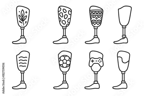 Personalized Prosthetic Designs. Line style icons of prosthetics as personal expression: symbol-engraved limb, favorite animal