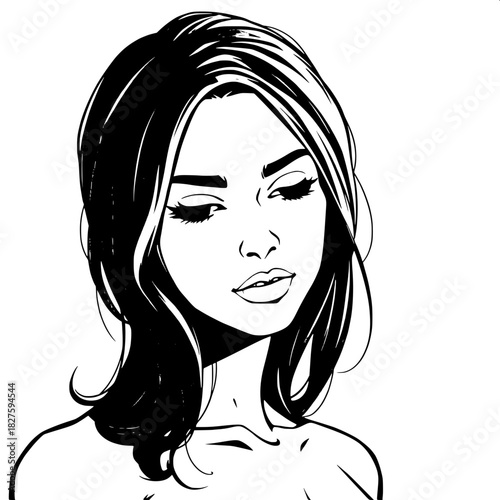 A bold line-art portrait of a young woman with dramatic lighting, her dark hair cascading over one shoulder in loose waves, while strong shadows define her facial structure, accentuating her high chee