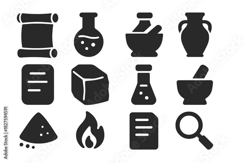 Ancient Chemistry Icons. Solid style icons of ancient chemistry and material science: scroll, flask, mortar and pestle, jar,