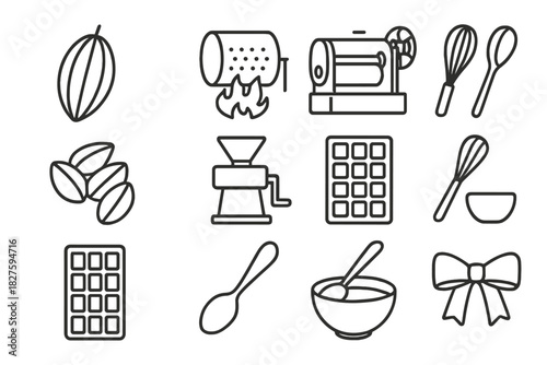 Sweet Crafting Icons. Line style icons of Sweet Crafting: Cacao Pod, Roasting, Conching Machine, Tempering; Cocoa Beans, Grinder,