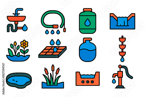 Water Conservation Icons. Flat vector icons of Water Conservation: greywater system, drip hose, water catchment tank, irrigation