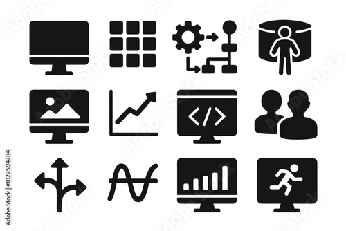 Simulation Models Icons. Solid style icons of simulation models: computer monitor, simulation grid, algorithm gear, agent-based