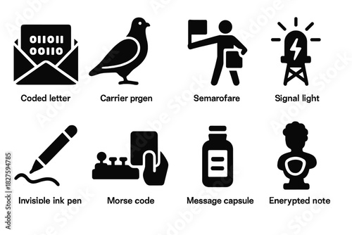 Covert Communication Icons. Solid style icons of Covert communication: coded letter, carrier pigeon, semaphore flag, signal light,