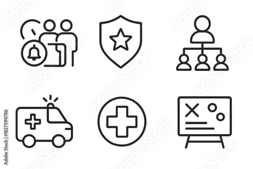 Crisis Response Icons. Line style icons of crisis response team: team activation icon, emergency leadership badge, specialist role