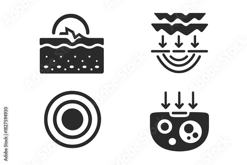 Plasma Therapy Diagram. Solid style icons of plasma tissue interaction: skin cross-section with arc, plasma layers penetrating