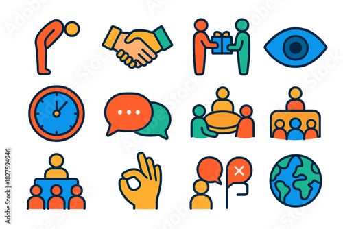 Cultural Negotiation Icons. Flat vector icons of cultural differences in negotiation: bowing figure, handshake greeting, gift