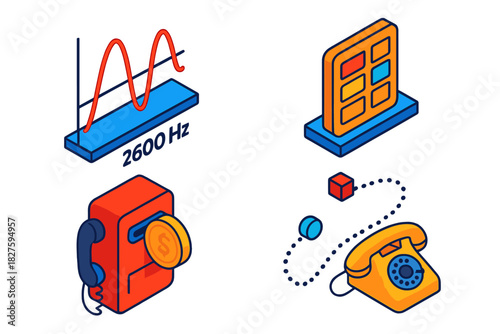 Isometric Tone Frequencies. Isometric vector illustration set Tone Frequencies and Exploits: 2600 Hz signal wave, MF tone chart,
