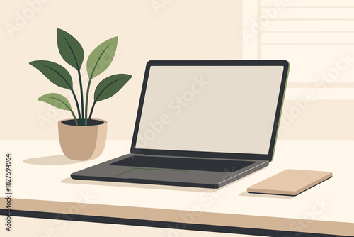 Minimalist Workspace Elegance. Minimalist workspace with a sleek laptop, potted plant, and clean desk, illuminated by soft natural