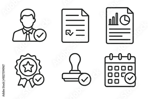 ESG Audit Icons. Line style icons of third-party ESG audits: external auditor icon, audit scope file, findings report chart,