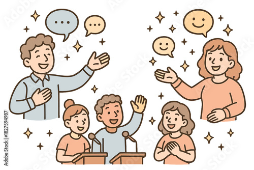 Magical Public Speaking Workshop. Magical doodle public speaking workshop with smiling instructors, cartoon participants