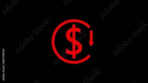Dollar currency price drop concept. circle with down arrow moving animation.Money reduction icon animation.