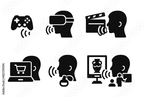 Digital Scent Applications. Solid style icons of digital scent applications: gaming immersion scent, virtual reality scent, movie