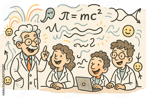 Whimsical Physics Workshop. Whimsical doodle theoretical physics workshop with cheerful scientists, floating smiling equations,