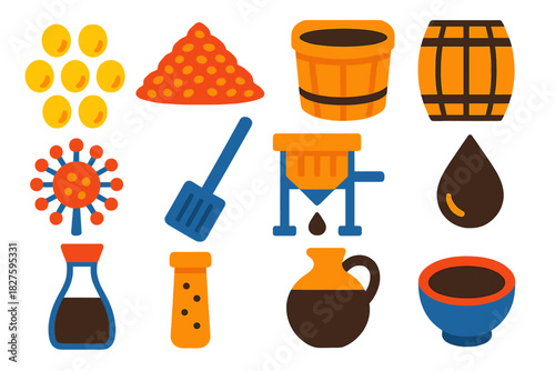 Soy Sauce Icons. Flat vector icons of soy sauce brewing: soybeans, roasted wheat, fermentation vat, wooden barrel, koji starter,