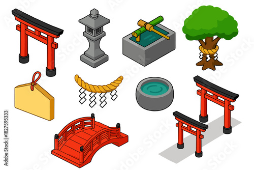 Japanese Cultural Icons. Isometric vector illustration set Cultural heritage – Japanese shrine gate, stone lantern, purification