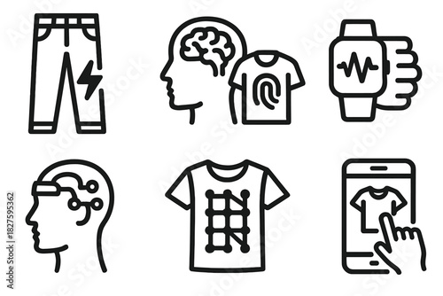Brain-Computer Fashion Icons. Line style icons of Brain-Computer Fashion: self-coloring pants, brainprint-based fashion, EEG wrist