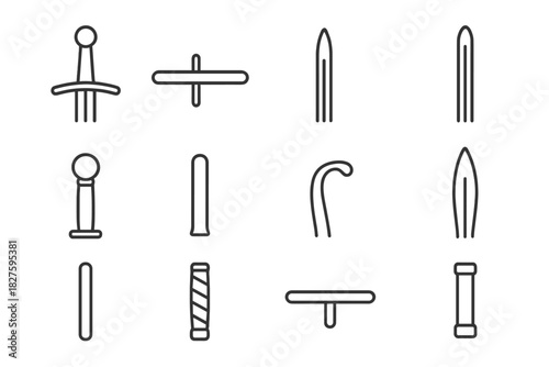 Blade Anatomy Icons. Line style icons of blade anatomy: hilt, guard, blade edge, fuller; pommel, ricasso, quillon, tip; tang, grip