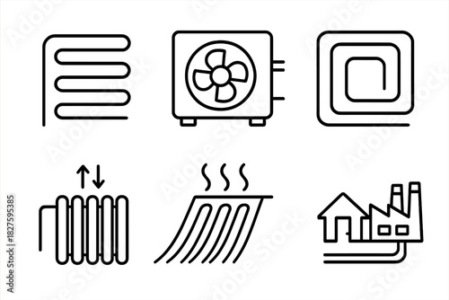 Geothermal Heating Icons. Line style icons of geothermal heating systems: ground loop coil, heat pump unit, radiant floor pipe,