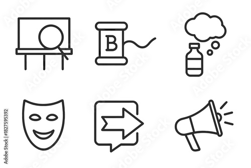 Advertising Analysis Icons. Line style icons of Advertising Analysis: billboard with magnifier, brand narrative thread, product