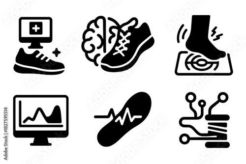 Brain-Computer Fashion Icons. Line style icons of Brain-Computer Fashion: self-customizing shoe, brain-linked laces, foot comfort