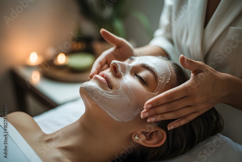 Relaxed woman receiving rejuvenating facial mask treatment at luxurious spa, enjoying self-care, wellness, healthy skin. Professional beauty therapy with warm light, serene mood.