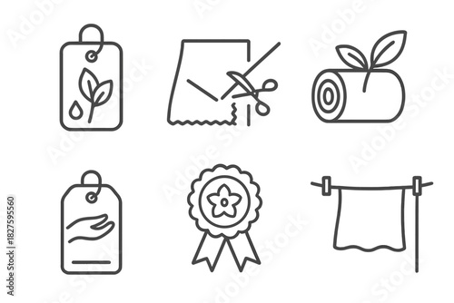 Sustainable Textile Icons. Line style icons of Sustainable Textile Practices: plant-based dye label, zero waste cloth cut,