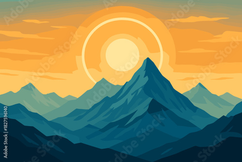 Majestic Mountain Sunrise. Majestic mountain range with a circular sun halo glowing above the vector illustration peaks, expansive