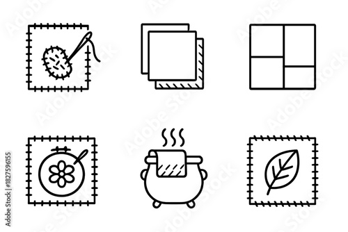 Upcycling Icons. Line style icons of upcycling techniques: visible mending, fabric layering, color blocking, embroidery overlay,