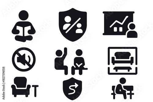 Introvert Retreat Icons. Solid style icons of introvert-friendly retreat features: person alone with book icon, minimal