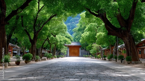 Fototapeta Naklejka Na Ścianę i Meble -  A serene pathway framed by large trees leads to a gate in a park setting. The image captures a sense of peace and tranquility.