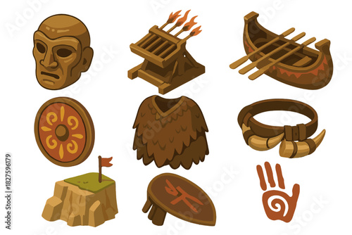Historical Warfare Artifacts. Isometric vector illustration set of Historical warfare: bronze war mask, fire arrow launcher, war